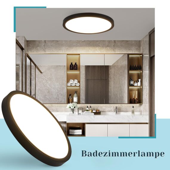 ZMH Deckenlampe LED Deckenleuchte Badezimmer - Ø30cm Badezimmerlampe Flach Schlafzimmerlampe Schwarz Küchenlampe Rund Schlafzimmer Deckenbeleuchtung 24W Flurlampe 3000K Badlampe für Küche Flur Bad