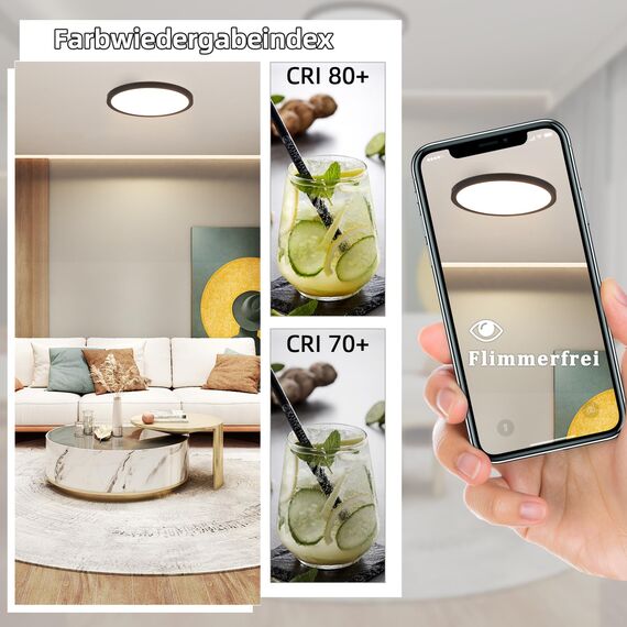 ZMH Deckenlampe LED Deckenleuchte Badezimmer - Ø30cm Badezimmerlampe Flach Schlafzimmerlampe Schwarz Küchenlampe 4000K Schlafzimmer Deckenbeleuchtung 24W Badlampe Rund Flurlampe für Bad Küche Flur