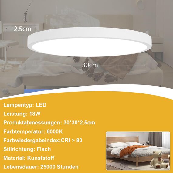 ZMH Deckenlampe LED Deckenleuchte Badezimmer - Ø30cm Badezimmerlampe Flach Schlafzimmerlampe Rund Küchenlampe 24W Schlafzimmer Deckenbeleuchtung Flurlampe Kaltweiß Badlampe IP44 für Küche Flur Bad