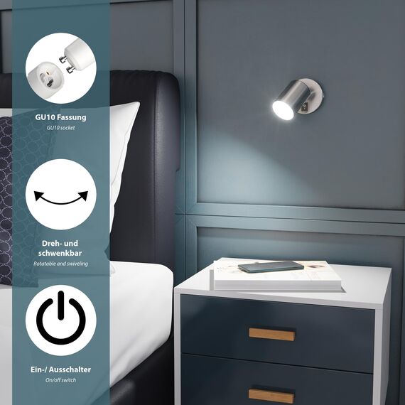 ledscom.de Wandleuchte WAIKA, Schalter, edelstahl matt, rund, 1x GU10 max. 60W