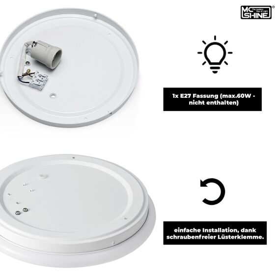 McShine - Deckenleuchte | Star | 1-flammig, Sockel für 1x E27-Leuchtmittel, HF-Melder | Deckenlampe weiß mit Bewegungsmelder für Flur, Treppenhaus, Schuppen, Kellertreppe