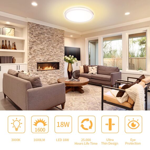 Deckenlampe Led Deckenleuchte Flach Rund - Warmweiß 18W 3000K 1600LM IP44 LED Badezimmer Lampe Badlampe Decke Küchenlampe für Bad Flur Schlafzimmer Balkon Wohnzimmer Küche Keller Lampe UltraDünn 223mm
