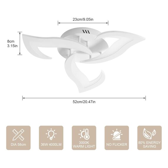 Comely Deckenlampe LED Wohnzimmer, 52cm 36W LED Lampen Deckenleuchte, Moderne Blütenblatt Design Lampen für Wohnzimmer Küche Schlafzimmer Esszimmer, 3000K Warmweißes Licht, Weiß