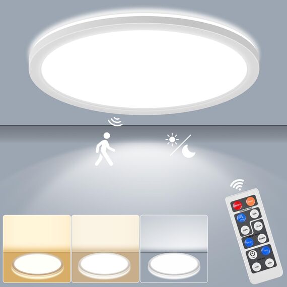 LEZOE Dimmbar LED Deckenleuchte mit Bewegungsmelder, 18W 2000LM Radar LED Deckenlampe Dimmbar, 3000K/4500K/6500K IP54 Sensorlampe Für Badezimmer, Garage, Treppen, Keller, Flur, Balkon, Diele 22CM