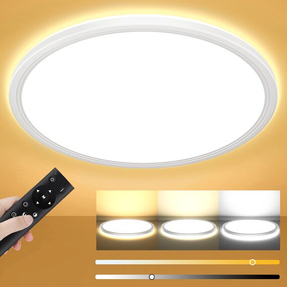 Deckenlampe Led Deckenleuchte Dimmbar mit Fernbedienung - 24W 2400LM Ø30cm H2.4cm Rund Flach LED Panel Decke Lampe für Schlafzimmer Badezimmer Küche Wohnzimmer Kinderzimmer 3000K-6500K IP44 Ultra Dünn