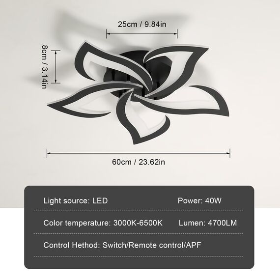 Comely Deckenlampe Led, Deckenleuchte Dimmbar, 40W 4200LM 3000k-6500k Mit Fernbedienung/APP, Moderne Deckenlampe für Wohnzimmer, Schlafzimmer, Kinderzimmer,Schwarz