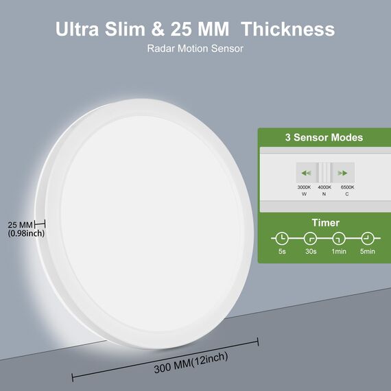 LEZOE LED Deckenleuchte mit Bewegungsmelder Dimmbar, 24W 2400LM Radar Sesor Deckenlampe Dimmbar, 3000K/4000K/6500K IP54 Sensorlampe Für Badezimmer, Garage, Treppen, Keller, Flur, Balkon, Diele 30cm