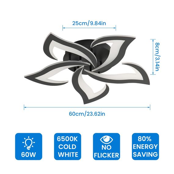 Comely Deckenlampe, LED Deckenleuchte 60W 6750lm, Kaltes Weiß 6500K Moderne Blütenblatt Design Deckenlampe für Wohnzimmer Küche Schlafzimmer Esszimmer, Dia 60cm,Schwarz