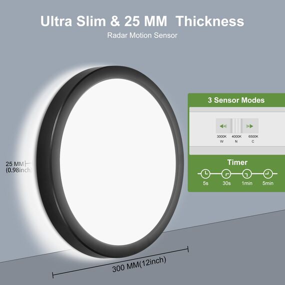 LEZOE LED Deckenleuchte mit Bewegungsmelder, 24W 2650LM Radar Sesor LED Deckenlampe Dimmbar, 3000K/4000K/6500K Sensorleuchte Für Badezimmer, Garage, Treppen, Keller, Flur, Balkon, Diele φ30x2.5cm