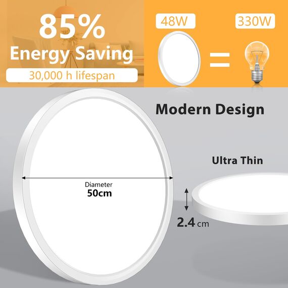 50CM Deckenlampe Led Deckenleuchte Flach - 48W 4800LM 3000K Warmweiss Rund Deckenlampen Wohnzimmer 2,4CM Utra Dünn LED Lampe Decke für Küche Schlafzimmer Badezimmer Kinderzimmer, Modern Rund IP44