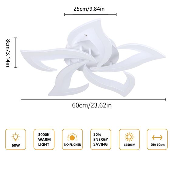 Comely Deckenlampe LED Wohnzimmer, 60cm 60W 6750LM LED Lampen Deckenleuchte, Moderne Blütenblatt Design Lampen für Wohnzimmer Küche Schlafzimmer Esszimmer, 3000K Warmweißes Licht, Weiß