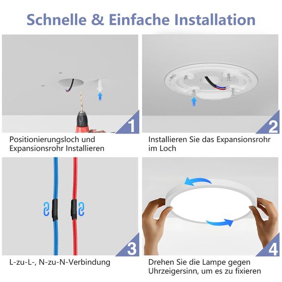 Deckenlampe LED Deckenleuchte Flach Rund - Weiß 18W 4000K 1600LM IP44 Modern Badezimmer LED Lampe Badlampe Decke Küchenlampe für Bad Flur Balkon Schlafzimmer Wohnzimmer Küche Keller Ultra Dünn Ø 223mm