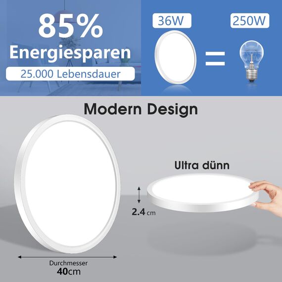 Deckenlampe Led Deckenleuchte Flach Rund - Ø40CM 36W 3600LM Modern 6500K Kaltweiß Küchenlampe Badlampe Led Deckenlampe Wohnzimmer Lampe Decke für Küche Schlafzimmer Badezimmer Kinderzimmer Utra Dünn