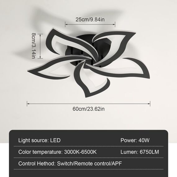 Comely Deckenlampe Led, Deckenleuchte Dimmbar, 40W 4200LM 3000k-6500k Mit Fernbedienung/APP, Moderne Deckenlampe für Wohnzimmer, Schlafzimmer, Kinderzimmer,Schwarz