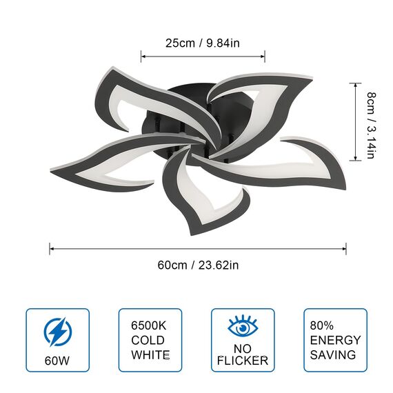 Comely Deckenlampe, LED Deckenleuchte 60W 6750lm, Kaltes Weiß 6500K Moderne Blütenblatt Design Deckenlampe für Wohnzimmer Küche Schlafzimmer Esszimmer, Dia 60cm,Schwarz