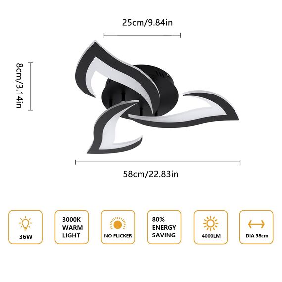 Comely Deckenlampe LED Wohnzimmer, 58cm 36W 4000LM LED Lampen Deckenleuchte, Moderne Blütenblatt Design Lampen für Wohnzimmer Küche Schlafzimmer Esszimmer, 3000K Warmweißes Licht, Schwarz