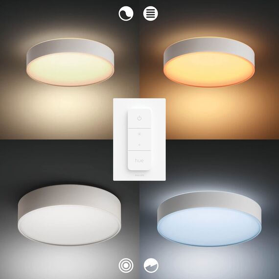Philips Hue White Ambiance Enrave Deckenleuchte S (1.220 lm) inkl. Dimmschalter, dimmbare Deckenlampe für das Hue Lichtsystem mit allen Weißtönen, smarte Lichtsteuerung über Sprache und App, weiß