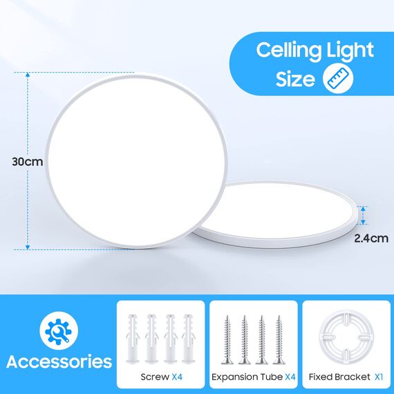 Deckenlampe Led Deckenleuchte Flach Rund - Ø30CM 24W 6500K 2400LM Kaltweiß Modern Küchenlampe Badlampe Led Deckenlampe Wohnzimmer Lampe Decke für Küche Schlafzimmer Badezimmer Kinderzimmer Flur Keller