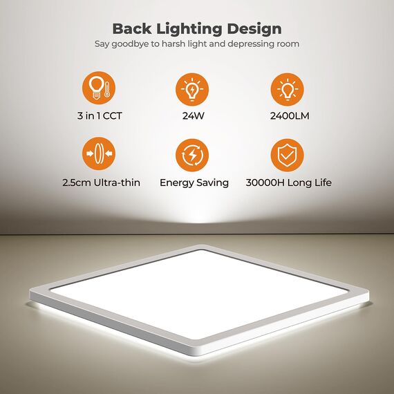 BLNAN LED Deckenleuchte 24W Deckenlampe Flach, Warm Neutral Kalt Weiß 3000K/4000K/5000K, 2400LM Panel mit Hinterleuchtung für Schlafzimmer, Wohnzimmer, Küche, Flur, Bad, Keller, Ultradünn 30CM