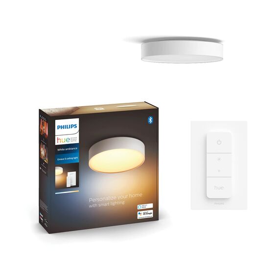 Philips Hue White Ambiance Enrave Deckenleuchte S (1.220 lm) inkl. Dimmschalter, dimmbare Deckenlampe für das Hue Lichtsystem mit allen Weißtönen, smarte Lichtsteuerung über Sprache und App, weiß