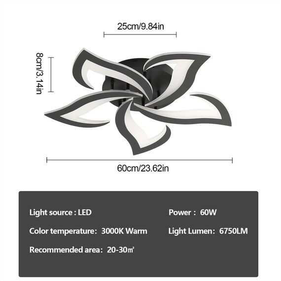 Comely Deckenlampe LED Wohnzimmer, 60cm 60W 6750LM LED Lampen Deckenleuchte, Moderne Blütenblatt Design Lampen für Wohnzimmer Küche Schlafzimmer Esszimmer, 3000K Warmweißes Licht, Schwarz