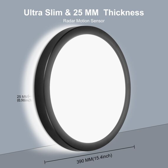 LEZOE LED Deckenleuchte mit Bewegungsmelder, 30W 3300LM Radar Sensor LED Deckenlampe Dimmbar mit Fernbedienung, 3000K/4000K/6500K Für Bad Garage, Treppen, Keller, Flur, Balkon, Diele φ39x2.5cm Schwarz