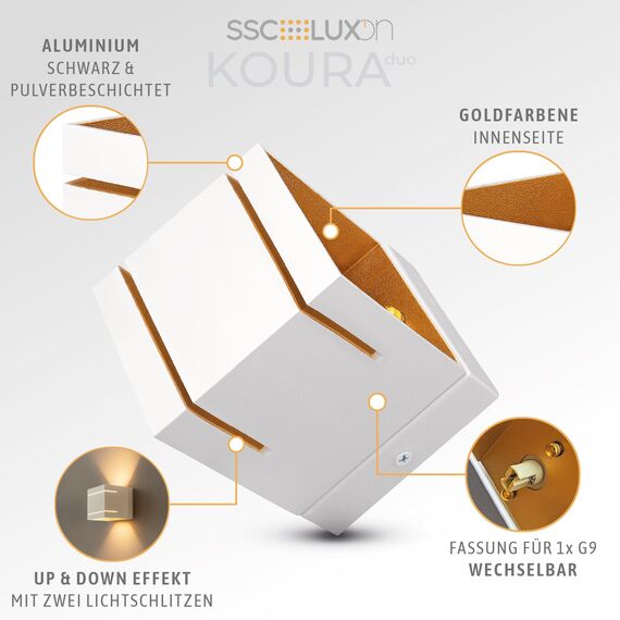 SSC-LUXon 2er Set KOURA Wandlampe Weiß Gold mit G9 Fassung – moderne Wandstrahler für Innen Wandlicht mit Schlitzen für Flur & Wohnzimmer