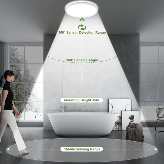 LEZOE Dimmbar LED Deckenleuchte mit Bewegungsmelder, 18W 2000LM Radar LED Deckenlampe Dimmbar, 3000K/4500K/6500K IP54 Sensorlampe Für Badezimmer, Garage, Treppen, Keller, Flur, Balkon, Diele 22CM