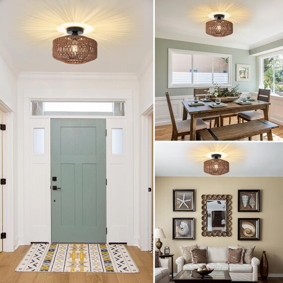 Rayofly Dunkel Braun Rattan Deckenlampe, Boho Deckenleuchte Mit Lampenschirm, Vintage Bambus Lampe, Rustikal Leuchte für Wohnzimmer, Korb Lampe für Schlafzimmer, Küche, Flur