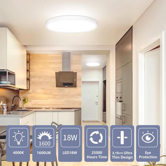 Deckenlampe LED Deckenleuchte Flach Rund - Weiß 18W 4000K 1600LM IP44 Modern Badezimmer LED Lampe Badlampe Decke Küchenlampe für Bad Flur Balkon Schlafzimmer Wohnzimmer Küche Keller Ultra Dünn Ø 223mm