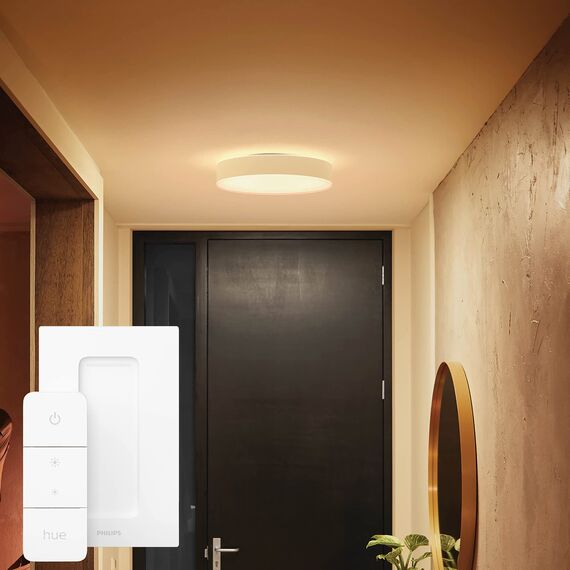 Philips Hue White Ambiance Enrave Deckenleuchte S (1.220 lm) inkl. Dimmschalter, dimmbare Deckenlampe für das Hue Lichtsystem mit allen Weißtönen, smarte Lichtsteuerung über Sprache und App, weiß