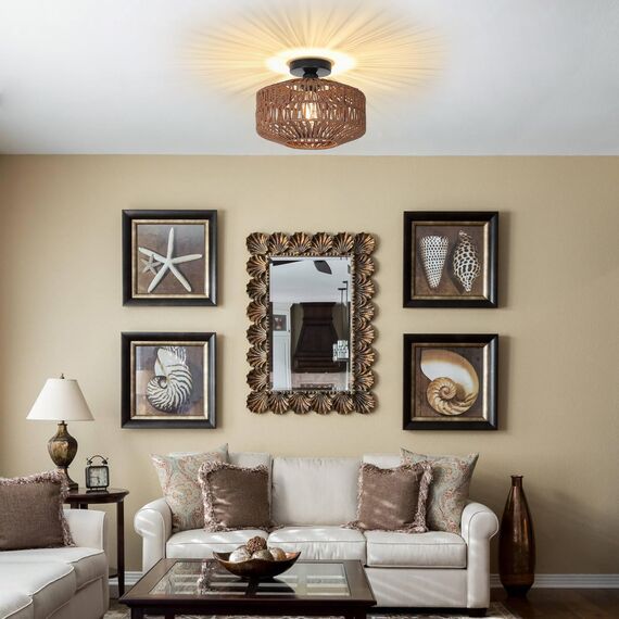 Rayofly Dunkel Braun Rattan Deckenlampe, Boho Deckenleuchte Mit Lampenschirm, Vintage Bambus Lampe, Rustikal Leuchte für Wohnzimmer, Korb Lampe für Schlafzimmer, Küche, Flur