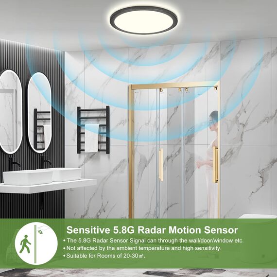 LEZOE LED Deckenleuchte mit Bewegungsmelder, 30W 3300LM Radar Sensor LED Deckenlampe Dimmbar mit Fernbedienung, 3000K/4000K/6500K Für Bad Garage, Treppen, Keller, Flur, Balkon, Diele φ39x2.5cm Schwarz