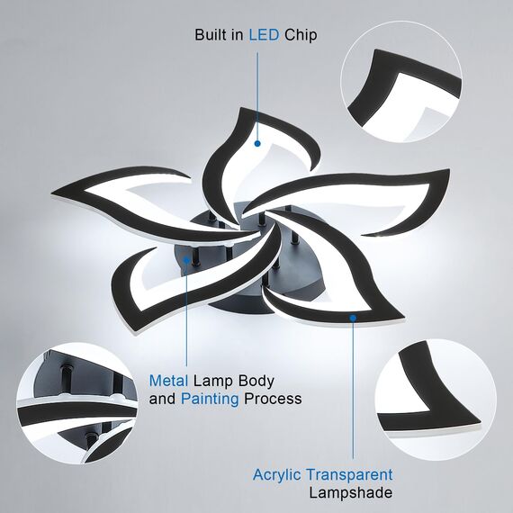 Comely Deckenlampe, LED Deckenleuchte 60W 6750lm, Kaltes Weiß 6500K Moderne Blütenblatt Design Deckenlampe für Wohnzimmer Küche Schlafzimmer Esszimmer, Dia 60cm,Schwarz