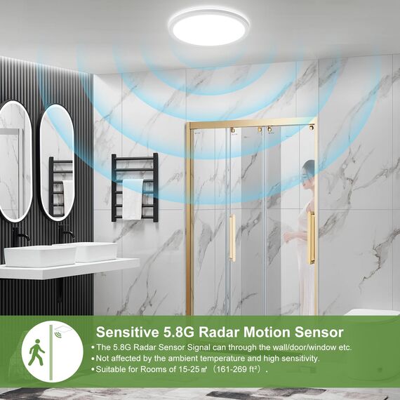 LEZOE LED Deckenleuchte mit Bewegungsmelder Dimmbar, 24W 2400LM Radar Sesor Deckenlampe Dimmbar, 3000K/4000K/6500K IP54 Sensorlampe Für Badezimmer, Garage, Treppen, Keller, Flur, Balkon, Diele 30cm