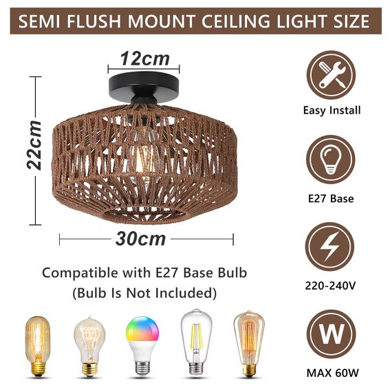 Rayofly Dunkel Braun Rattan Deckenlampe, Boho Deckenleuchte Mit Lampenschirm, Vintage Bambus Lampe, Rustikal Leuchte für Wohnzimmer, Korb Lampe für Schlafzimmer, Küche, Flur