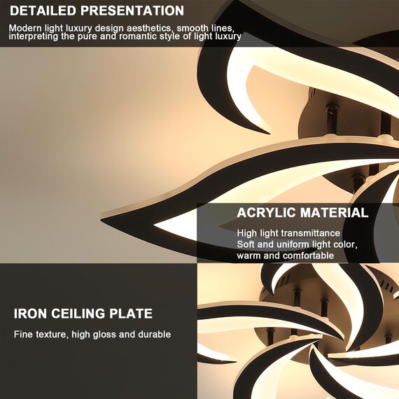 Comely Deckenlampe LED Wohnzimmer, 60cm 60W 6750LM LED Lampen Deckenleuchte, Moderne Blütenblatt Design Lampen für Wohnzimmer Küche Schlafzimmer Esszimmer, 3000K Warmweißes Licht, Schwarz