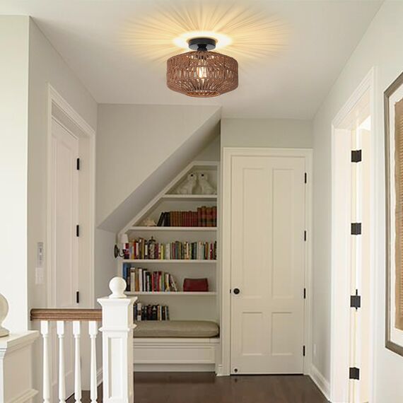 Rayofly Dunkel Braun Rattan Deckenlampe, Boho Deckenleuchte Mit Lampenschirm, Vintage Bambus Lampe, Rustikal Leuchte für Wohnzimmer, Korb Lampe für Schlafzimmer, Küche, Flur