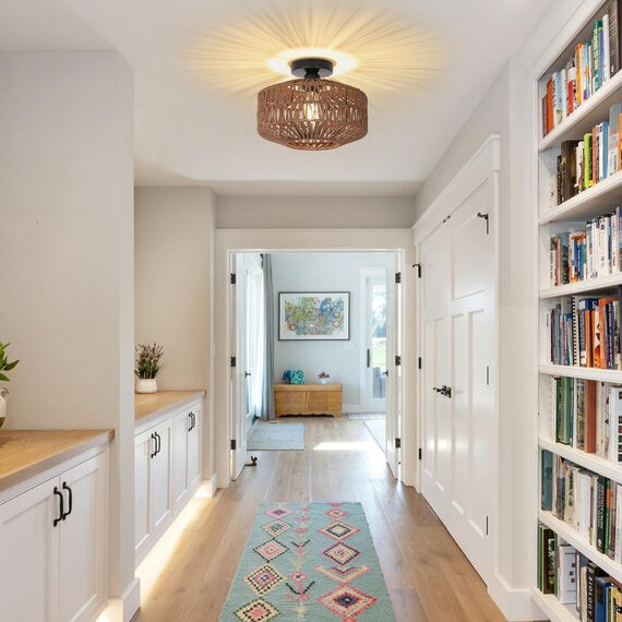 Rayofly Dunkel Braun Rattan Deckenlampe, Boho Deckenleuchte Mit Lampenschirm, Vintage Bambus Lampe, Rustikal Leuchte für Wohnzimmer, Korb Lampe für Schlafzimmer, Küche, Flur