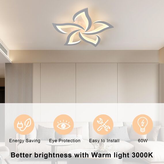 Comely Deckenlampe LED Wohnzimmer, 60cm 60W 6750LM LED Lampen Deckenleuchte, Moderne Blütenblatt Design Lampen für Wohnzimmer Küche Schlafzimmer Esszimmer, 3000K Warmweißes Licht, Weiß