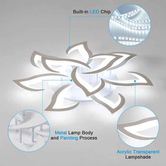 Comely Deckenlampe LED 84W mit 10 Köpfen im Blumenstil, Deckenleuchte Modern aus Eisen und Acryl, Deckenlampe Wohnzimmer 6500K für Schlafzimmer, Küche und Büro