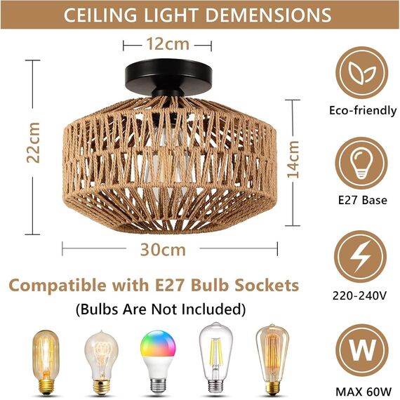 Rayofly Deckenleuchte aus Rattan Pendelleuchte Boho mit Rattanschirm im Vintage Stil Bambus, Rustic Deckenleuchte aus Rattan, für Wohnzimmer, Schlafzimmer, Küche, Flur