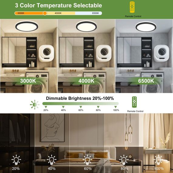 LEZOE LED Deckenleuchte mit Bewegungsmelder, 30W 3300LM Radar Sensor LED Deckenlampe Dimmbar mit Fernbedienung, 3000K/4000K/6500K Für Bad Garage, Treppen, Keller, Flur, Balkon, Diele φ39x2.5cm Schwarz