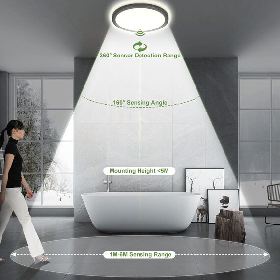 LEZOE LED Deckenleuchte mit Bewegungsmelder, 24W 2650LM Radar Sesor LED Deckenlampe Dimmbar, 3000K/4000K/6500K Sensorleuchte Für Badezimmer, Garage, Treppen, Keller, Flur, Balkon, Diele φ30x2.5cm