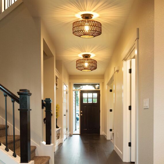 Rayofly Dunkel Braun Rattan Deckenlampe, Boho Deckenleuchte Mit Lampenschirm, Vintage Bambus Lampe, Rustikal Leuchte für Wohnzimmer, Korb Lampe für Schlafzimmer, Küche, Flur