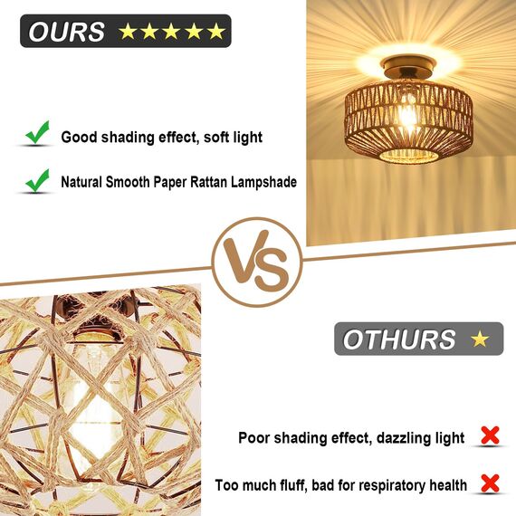 Rayofly Dunkel Braun Rattan Deckenlampe, Boho Deckenleuchte Mit Lampenschirm, Vintage Bambus Lampe, Rustikal Leuchte für Wohnzimmer, Korb Lampe für Schlafzimmer, Küche, Flur