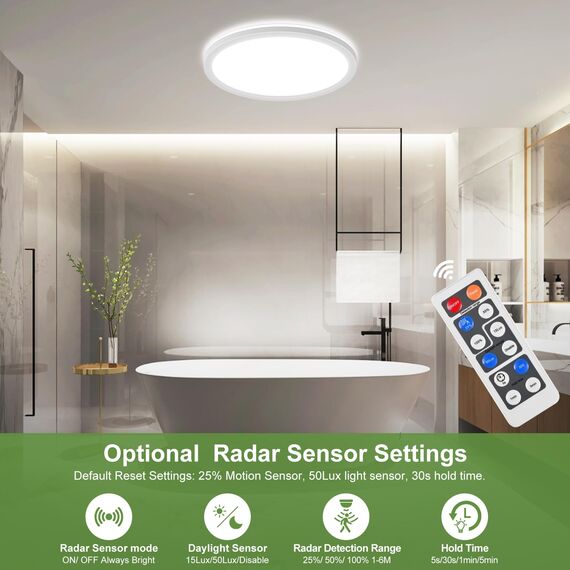 LEZOE LED Deckenleuchte mit Bewegungsmelder Dimmbar, 24W 2400LM Radar Sesor Deckenlampe Dimmbar, 3000K/4000K/6500K IP54 Sensorlampe Für Badezimmer, Garage, Treppen, Keller, Flur, Balkon, Diele 30cm