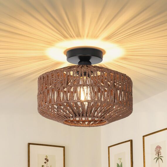 Rayofly Dunkel Braun Rattan Deckenlampe, Boho Deckenleuchte Mit Lampenschirm, Vintage Bambus Lampe, Rustikal Leuchte für Wohnzimmer, Korb Lampe für Schlafzimmer, Küche, Flur