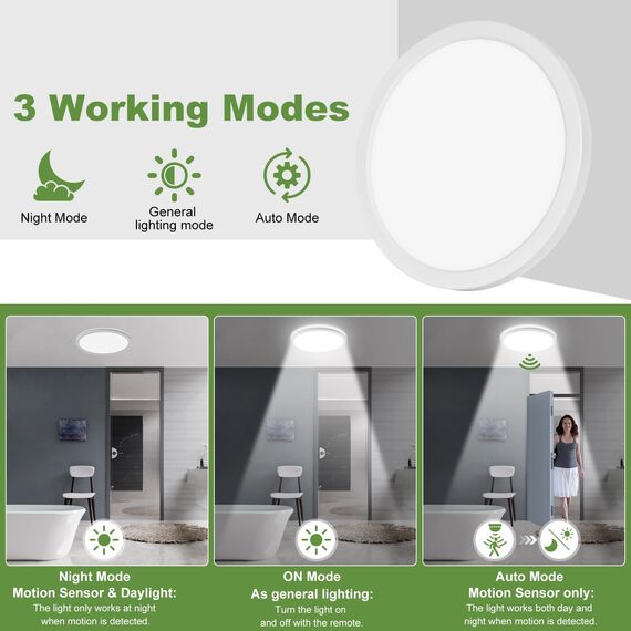 LEZOE Dimmbar LED Deckenleuchte mit Bewegungsmelder, 18W 2000LM Radar LED Deckenlampe Dimmbar, 3000K/4500K/6500K IP54 Sensorlampe Für Badezimmer, Garage, Treppen, Keller, Flur, Balkon, Diele 22CM