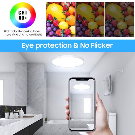 Deckenlampe Led Deckenleuchte Flach Rund - Ø30CM 24W 6500K 2400LM Kaltweiß Modern Küchenlampe Badlampe Led Deckenlampe Wohnzimmer Lampe Decke für Küche Schlafzimmer Badezimmer Kinderzimmer Flur Keller